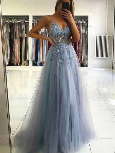 A-line V-neck Tulle Sweep Train Beading Prom Dresses #Milly020107079