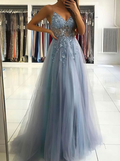 Ball Gown V-neck Tulle Prom Dresses With Appliques #Milly020107079