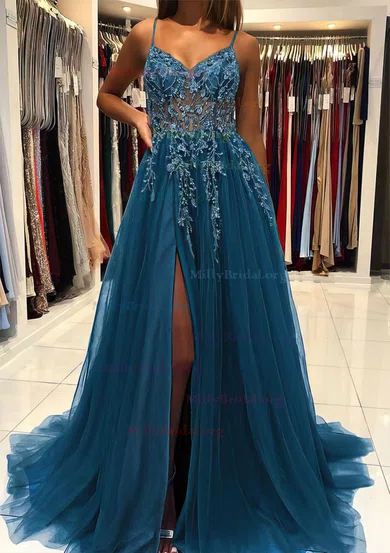 Ball Gown/Princess Floor-length V-neck Tulle Beading Prom Dresses -  millybridal.org