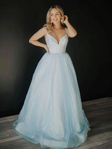 Ball Gown V-neck Glitter Tulle Prom Dresses With Beading #Milly020107080
