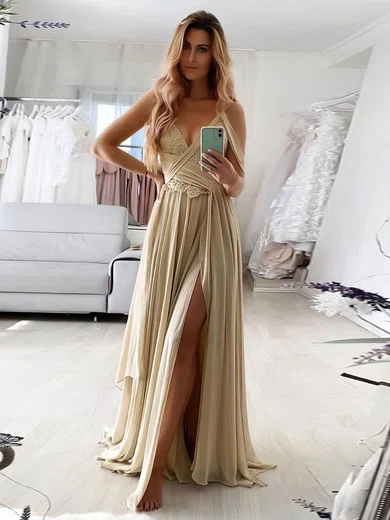 A-line V-neck Chiffon Sweep Train Appliques Lace Prom Dresses #Milly020107087
