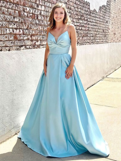 A-line V-neck Silk-like Satin Sweep Train Ruffles Prom Dresses #Milly020107090