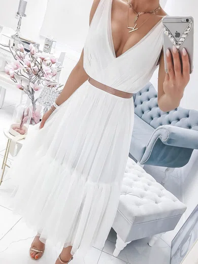 A-line V-neck Chiffon Tea-length Sashes / Ribbons Prom Dresses #Milly020107097