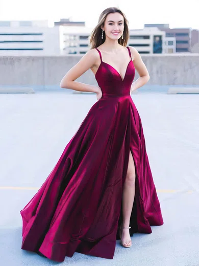 A-line V-neck Satin Sweep Train Split Front Prom Dresses #Milly020107103