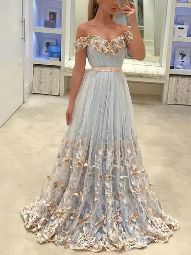 A-line Sweep Train Off-the-shoulder Tulle Appliques Lace Prom Dresses #Milly020107118