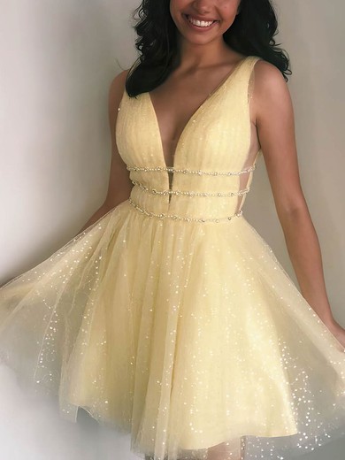 A-line V-neck Glitter Short/Mini Beading Short Prom Dresses #Milly020107124