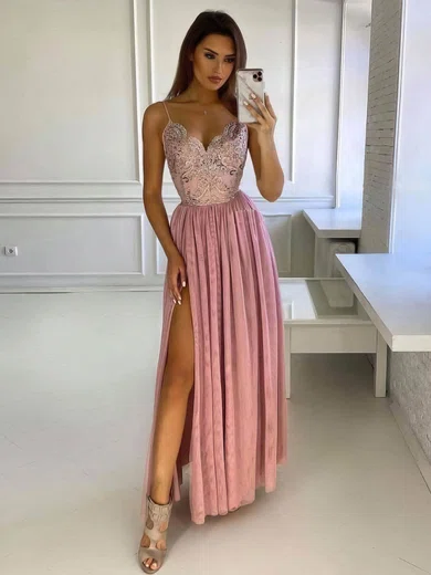 A-line Floor-length V-neck Tulle Appliques Lace Prom Dresses #Milly020107126