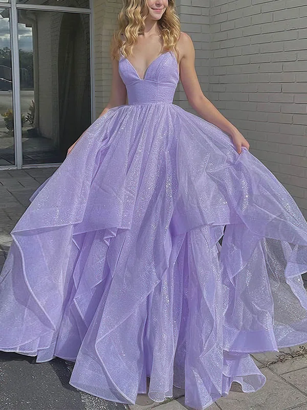 Ball Gown/Princess Sweep Train V-neck Glitter Cascading Ruffles Prom Dresses #Milly020107129