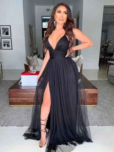 Black A-line V-neck Floor-length Tulle Prom Dresses With Split #Milly020107132