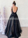 Ball Gown V-neck Tulle Sweep Train Appliques Lace Prom Dresses #Milly020107134