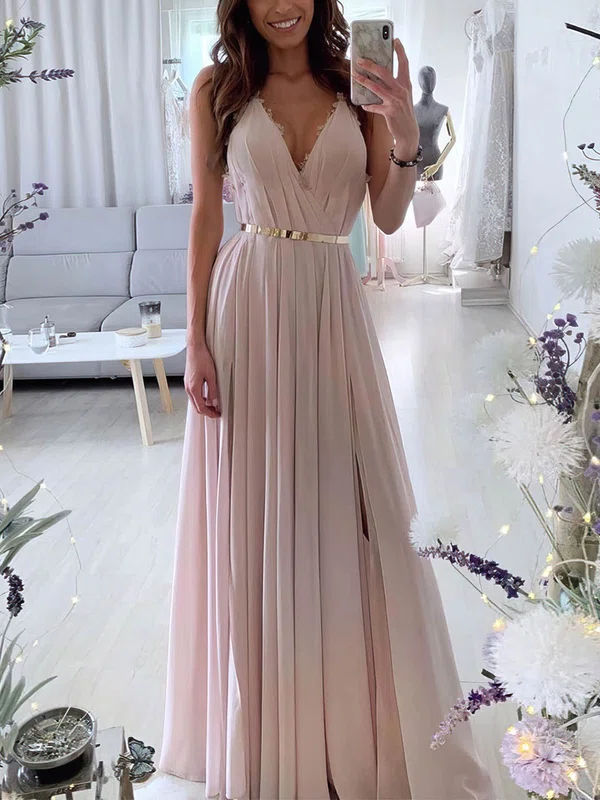 A-line Floor-length V-neck Chiffon Appliques Lace Prom Dresses #Milly020107138
