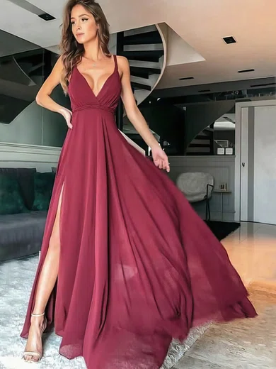 A-line Floor-length V-neck Chiffon Split Front Prom Dresses #Milly020107140