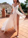 A-line Sweep Train V-neck Silk-like Satin Ruffles Prom Dresses #Milly020107142