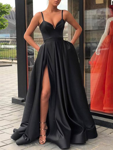 Ball Gown/Princess V-neck Satin Sweep Train Prom Dresses With Pockets S020107144