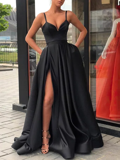 Black Ball Gown V-neck Satin Prom Dresses With Split #Milly020107144