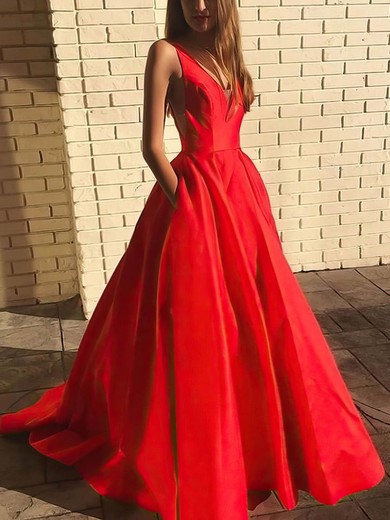 Ball Gown V-neck Satin Sweep Train Pockets Prom Dresses #Milly020107146
