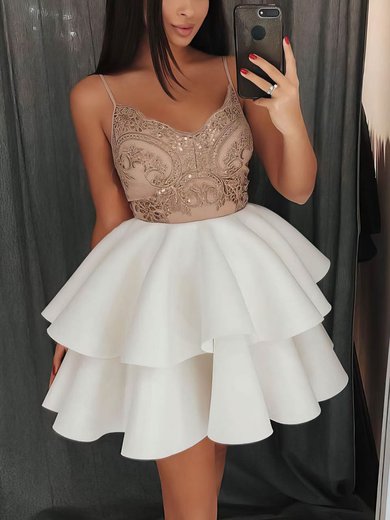 A-line V-neck Stretch Crepe Short/Mini Appliques Lace Prom Dresses #Milly020107154