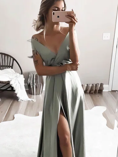 A-line Floor-length V-neck Silk-like Satin Split Front Prom Dresses #Milly020107158