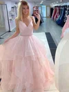 Ball Gown V-neck Tulle Sweep Train Tiered Prom Dresses #Milly020107159