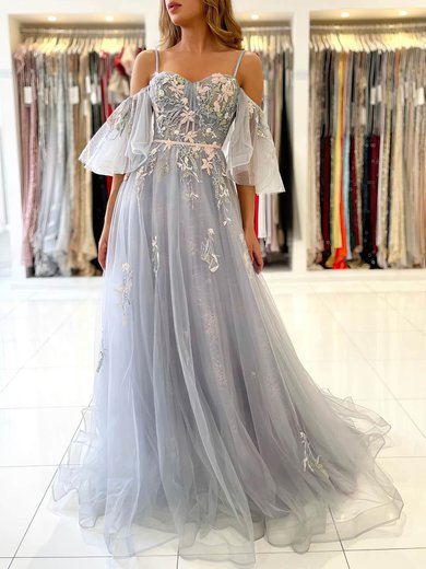 A-line Off-the-shoulder Tulle Sweep Train Sashes / Ribbons Prom Dresses #Milly020107169