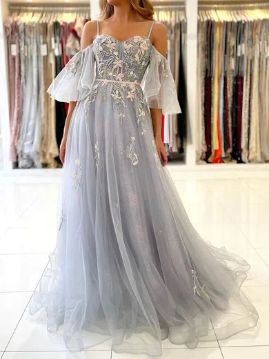 Ball Gown/Princess Off-the-shoulder Tulle Sweep Train Prom Dresses With Beading S020107169