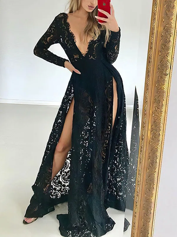 A-line Floor-length V-neck Lace Long Sleeves Split Front Prom Dresses #Milly020107170