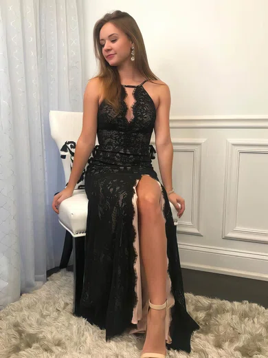Sheath/Column Scoop Neck Lace Floor-length Split Front Prom Dresses #Milly020107174