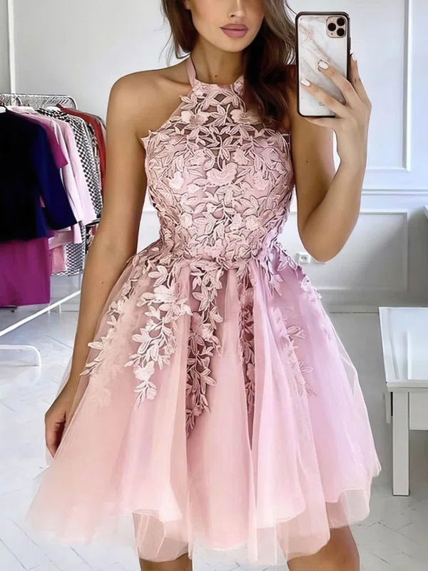 A-line Halter Tulle Short/Mini Appliques Lace Short Prom Dresses #Milly020107179
