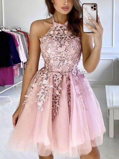 Ball Gown Halter Tulle Short/Mini Homecoming Dresses With Appliques Lace #Milly020107179