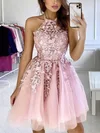 A-line Halter Tulle Short/Mini Appliques Lace Prom Dresses #Milly020107179