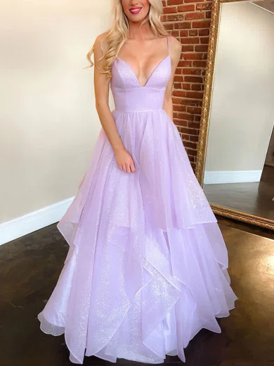 Simple Lilac Tulle A-line V-neck Lace Up Long Prom Dresses,, 55% OFF