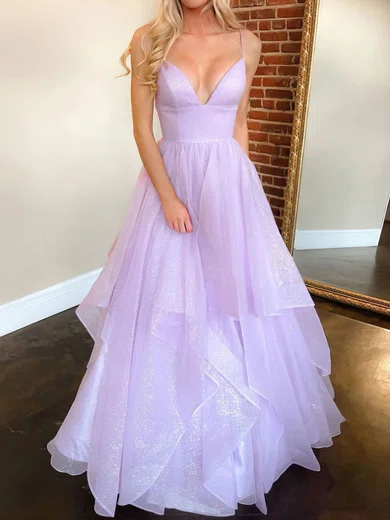 Ball Gown V-neck Tulle Floor-length Ruffle Tiered Prom Dresses #Milly020107182