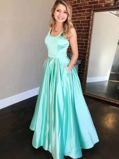 Ball Gown Scoop Neck Silk-like Satin Floor-length Beading Prom Dresses #Milly020107188