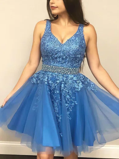 A-line V-neck Tulle Knee-length Homecoming Dresses With Appliques Lace #Milly020107190