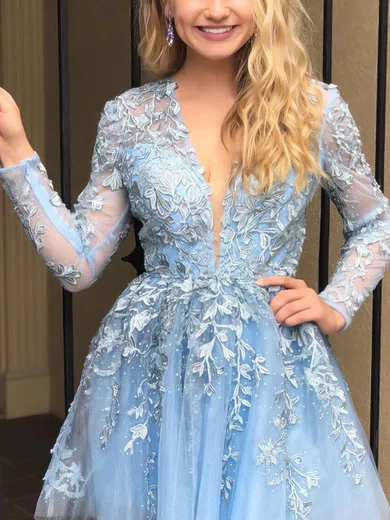 A-line V-neck Tulle Homecoming Dresses With Appliques Lace #Milly020107192