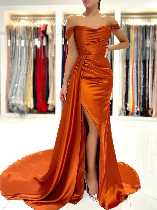 Sheath/Column Sweep Train Off-the-shoulder Silk-like Satin Ruffles Prom Dresses #Milly020107194