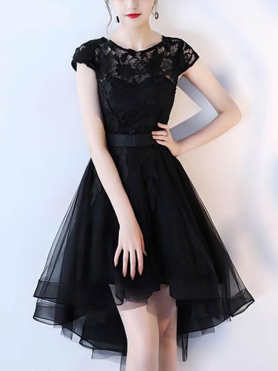 A-line Scoop Neck Tulle Asymmetrical Appliques Lace Prom Dresses #Milly020107197