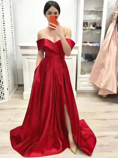 Ball Gown/Princess Sweep Train Off-the-shoulder Satin Pockets Prom Dresses #Milly020107198