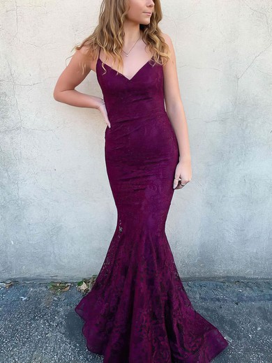 Trumpet/Mermaid V-neck Lace Sweep Train Beading Prom Dresses #Milly020107199