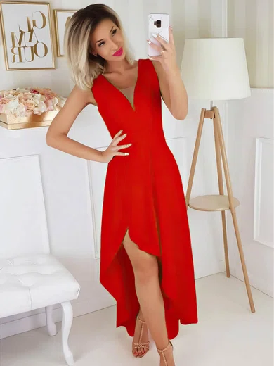 A-line Asymmetrical V-neck Silk-like Satin Elegant Prom Dresses #Milly020107201