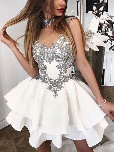 Ball Gown Illusion Satin Short/Mini Homecoming Dresses With Appliques Lace #Milly020107213