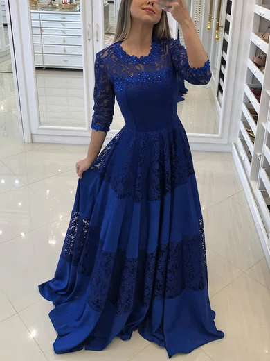 A-line Scoop Neck Lace Satin Sweep Train Beading Prom Dresses #Milly020107226