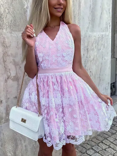 A-line V-neck Lace Homecoming Dresses #Milly020107239