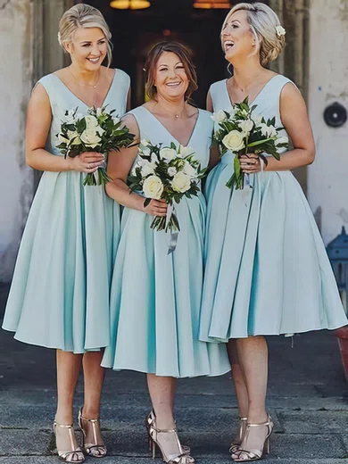 A-line V-neck Silk-like Satin Tea-length Bridesmaid Dresses #Milly01013845