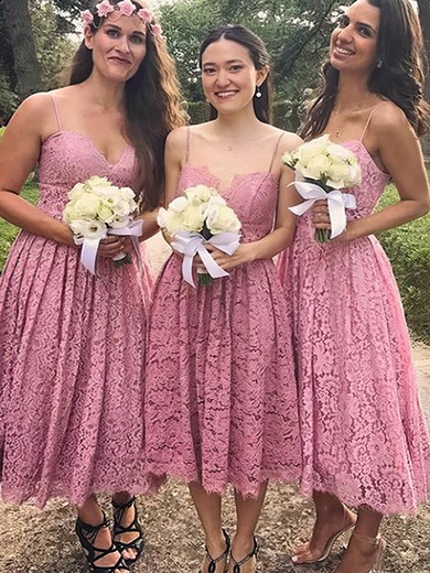 A-line V-neck Lace Tea-length Bridesmaid Dresses #Milly01013850