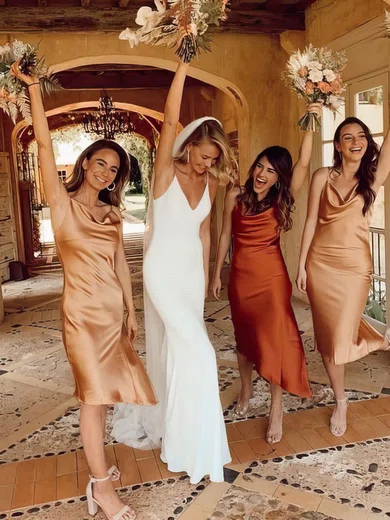 A-line Cowl Neck Silk-like Satin Tea-length Bridesmaid Dresses #Milly01013851