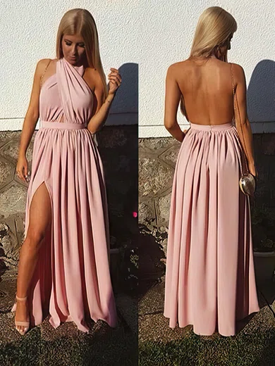 A-line Halter Silk-like Satin Floor-length Split Front Bridesmaid Dresses #Milly01013855