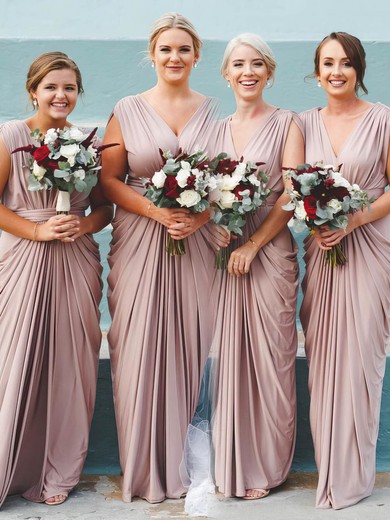 Sheath/Column V-neck Jersey Floor-length Ruffles Bridesmaid Dresses #Milly01013865
