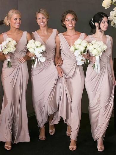 A-line V-neck Silk-like Satin Floor-length Ruffles Bridesmaid Dresses #Milly01013867
