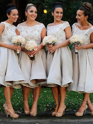 A-line Scoop Neck Silk-like Satin Knee-length Appliques Lace Bridesmaid Dresses #Milly01013869